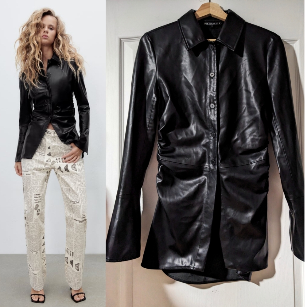Zara | Women's fitted faux leather overshirt in black